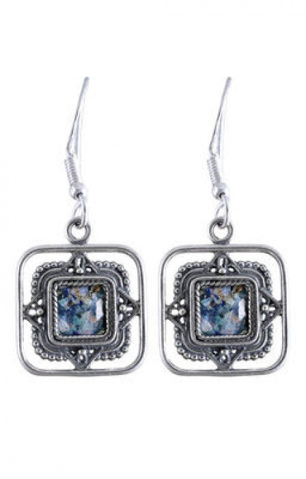 Filigree Dangle Earrings, 925 Sterling Silver Earrings, Ancient Roman Glass Earrings, Roman Glass Jewelry, OOAK image 0