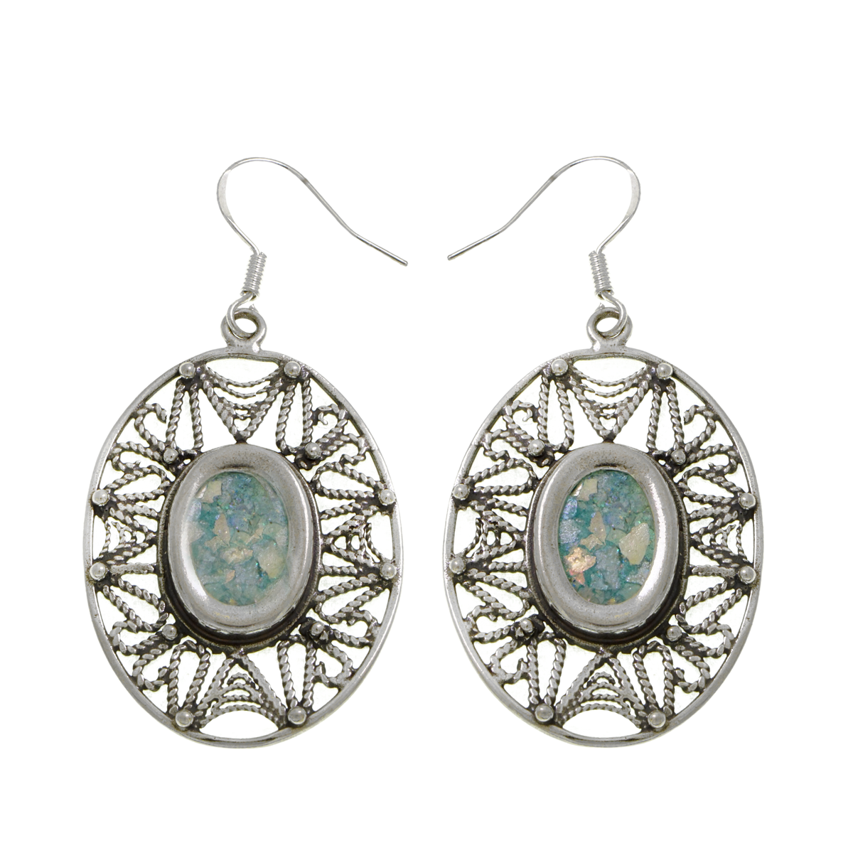 Filigree Dangle Earrings, 925 Sterling Silver Earrings, Ancient Roman Glass Earrings, Unique Jewelry image 1