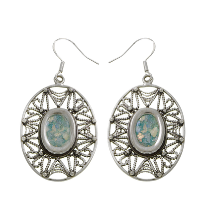 Filigree Dangle Earrings, 925 Sterling Silver Earrings, Ancient Roman Glass Earrings, Unique Jewelry image 1