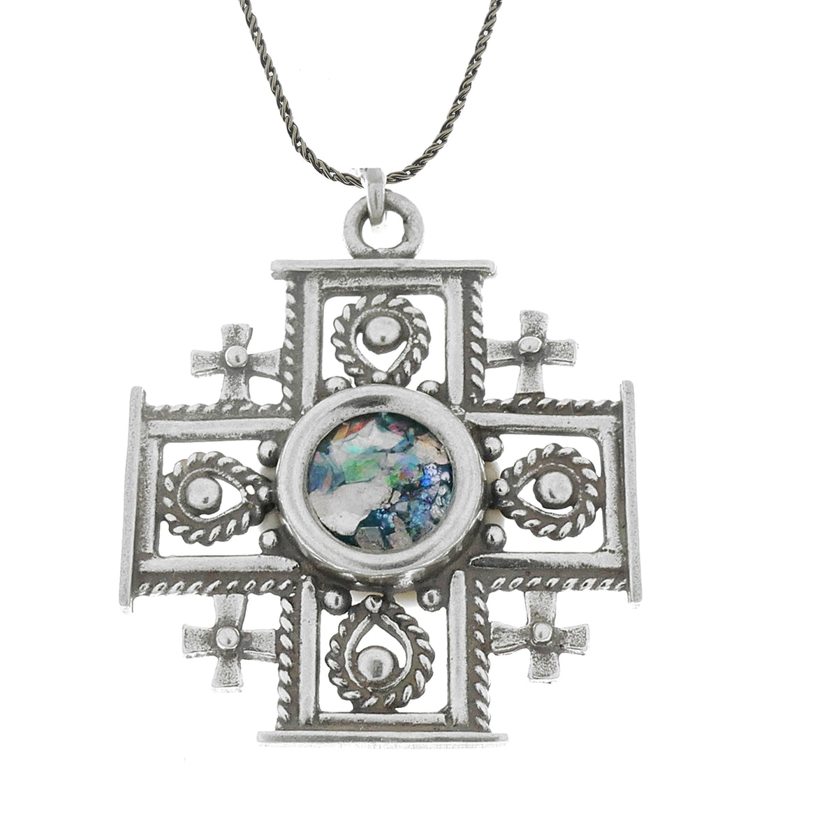 Unusual 925 Sterling Silver Pendant, Ancient Roman Glass Pendant, Jerusalem Cross, Roman Glass Jewelry, OOAK image 0