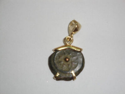 14k Yellow Gold Pendant, Authentic ,Antique Bronze Widows Mite Coin Pendant, Ancient Coin Jewelry, Israel image 0