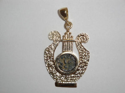 Coin Pendant, Harp with Antique Authentic Bronze Widow's Mite Coin, 14k Yellow Gold Pendant, Ancient Coin Jewelry image 2