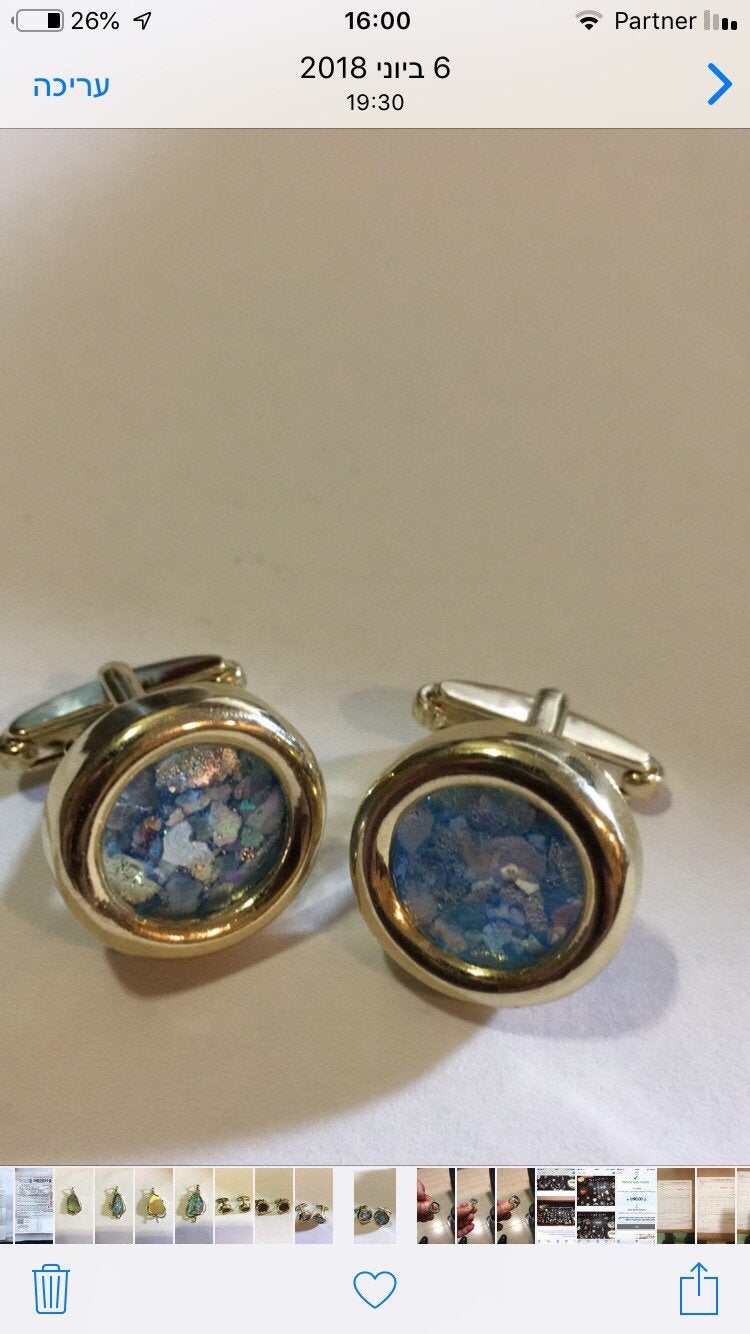 14k yellow gold cuff links set with roman glass image 1