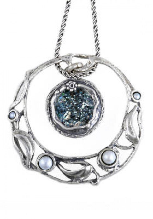 Unusual 925 Sterling Silver Necklace, Ancient Roman Glass Pendant, Pearl Pendant, Roman Glass Jewelry, OOAK image 0
