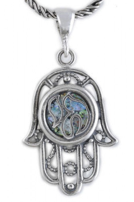 Nice 925 Sterling Silver Pendant, Ancient Roman Glass Pendant, Hamsa Chai Pendant, Judaica, Unique Jewelry image 0