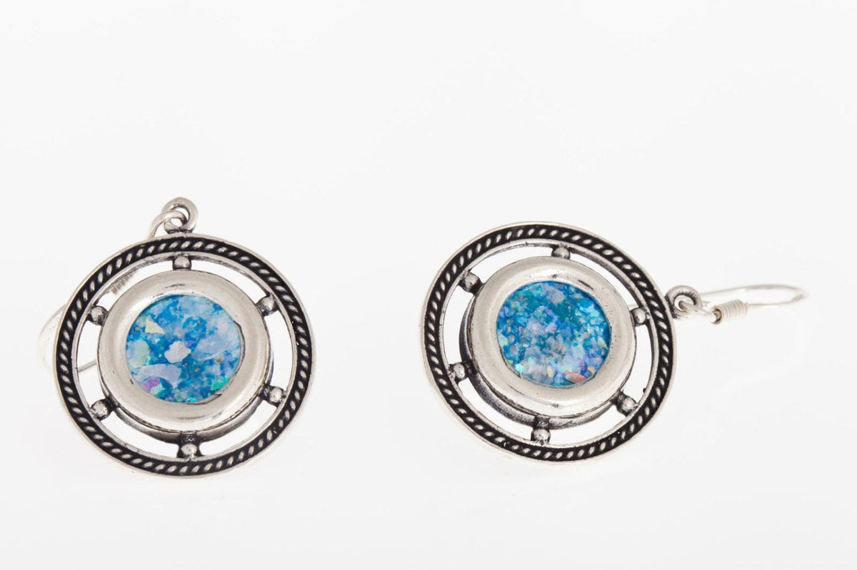Round Earrings, 925 Sterling Silver Earrings, Ancient Roman Glass Earrings, Dangle Earrings, Roman Glass Jewelry image 0
