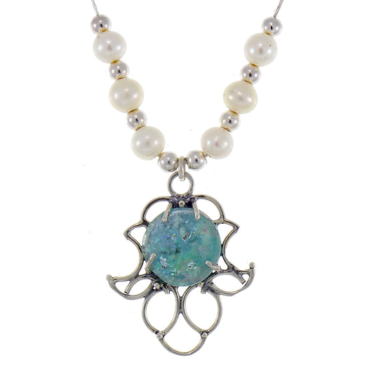 Necklace - 925 Sterling Silver Ancient Roman glass with pearls Original Gift image 0
