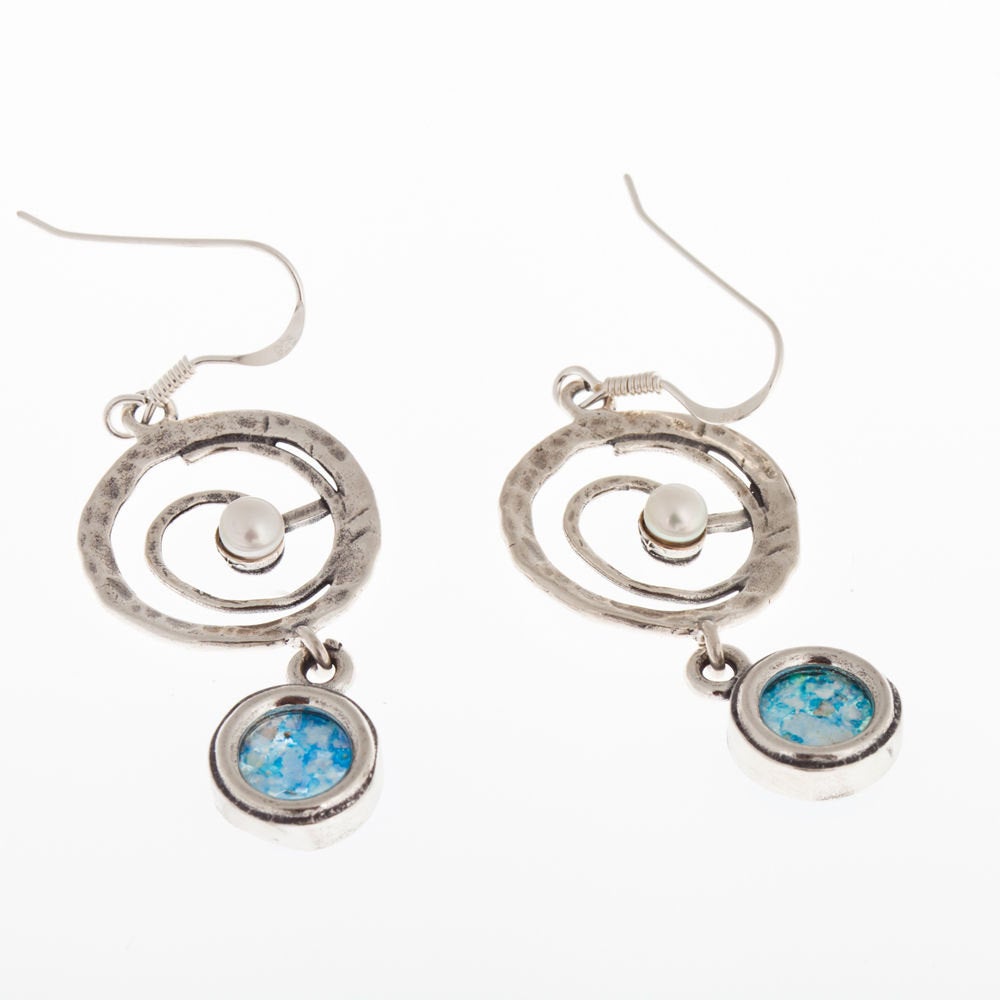 Ancient Roman Glass-925 Sterling Silver Dangle Pearl Earrings Unique Design image 0
