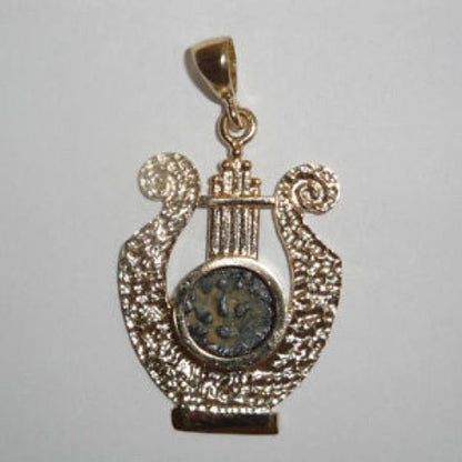 Coin Pendant, Harp with Antique Authentic Bronze Widow's Mite Coin, 14k Yellow Gold Pendant, Ancient Coin Jewelry image 0