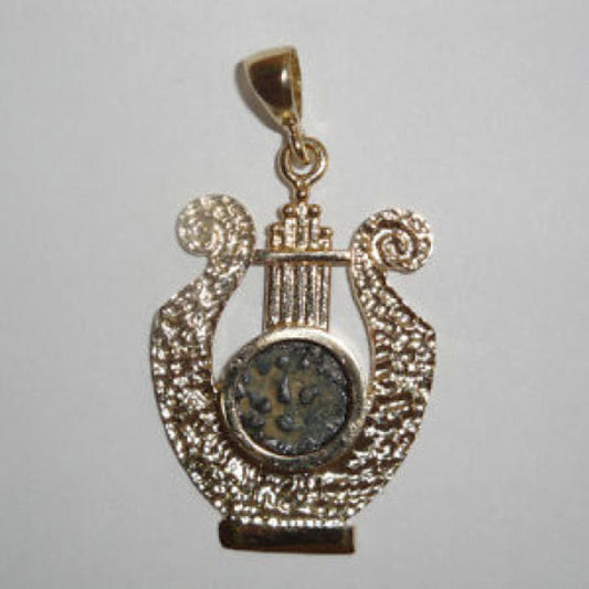 Coin Pendant, Harp with Antique Authentic Bronze Widow's Mite Coin, 14k Yellow Gold Pendant, Ancient Coin Jewelry image 0