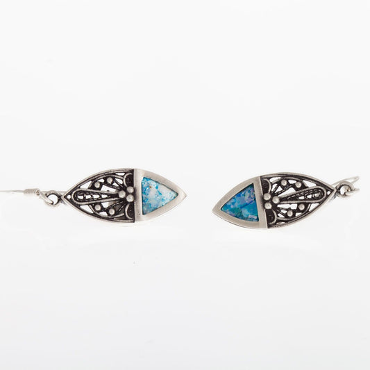 Drop Dangle 925 Sterling Silver-Ancient Roman Glass Earrings Unique Design image 0