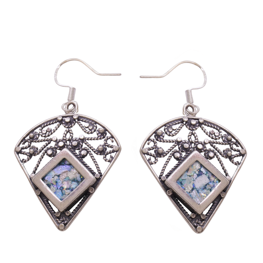 Dangle Earrings, Woman Earrings, 925 Sterling Silver Earrings, Ancient Roman Glass Earrings, Unique Jewelry image 0
