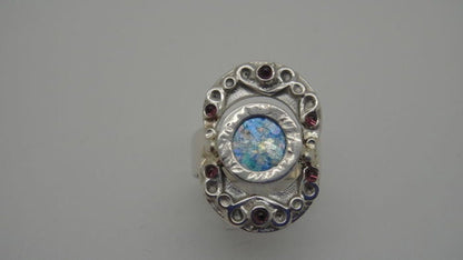 925 Sterling Silver Ancient Roman Glass Garnet Ring Unique Jewelry image 1