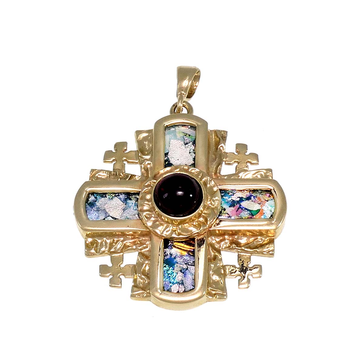 Unique 14K Yellow Gold Jerusalem Cross, Ancient Roman Glass Pendant, with Garnet image 0