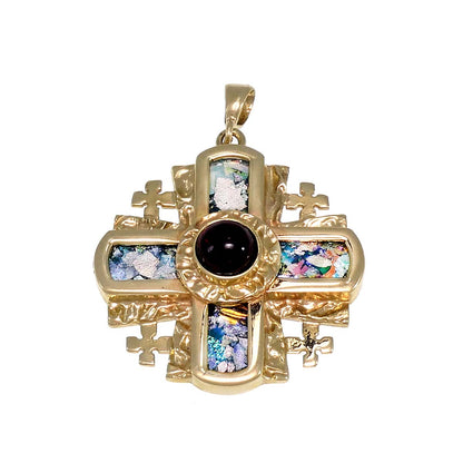 Unique 14K Yellow Gold Jerusalem Cross, Ancient Roman Glass Pendant, with Garnet image 0