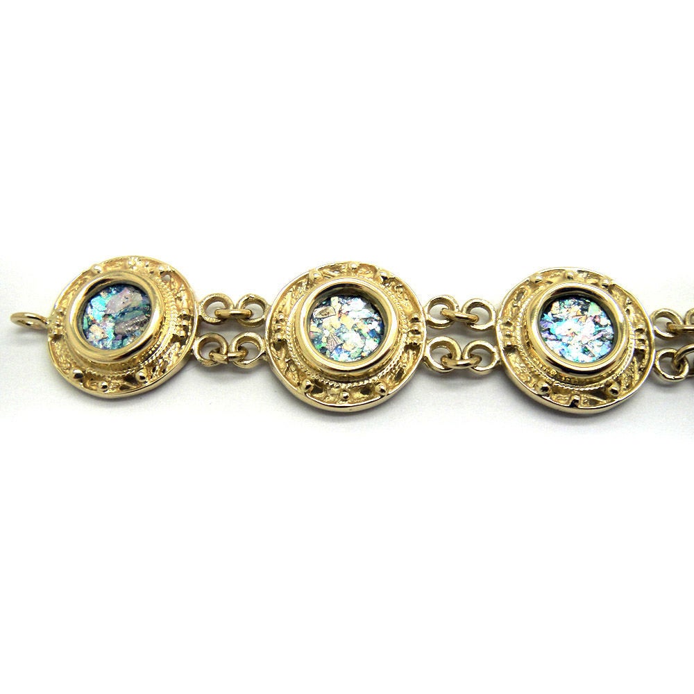 14K Yellow Gold Bracelet, Ancient Roman Glass Bracelet, Filigree Unique Jewelry image 0