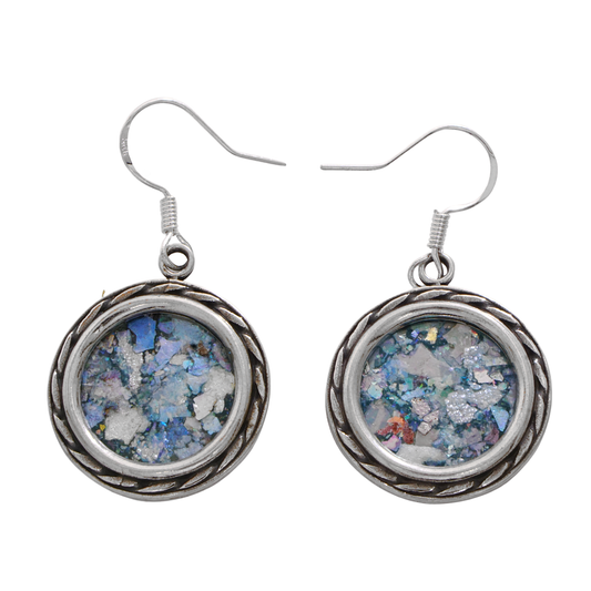 Round Silver Earrings, Ancient Roman Glass Earrings, 925 Sterling Silver Jewelry image 0
