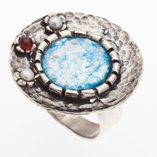 Roman Glass Ring, Ladies 925 Sterling Silver Ring, White Pearl, Garnet image 0