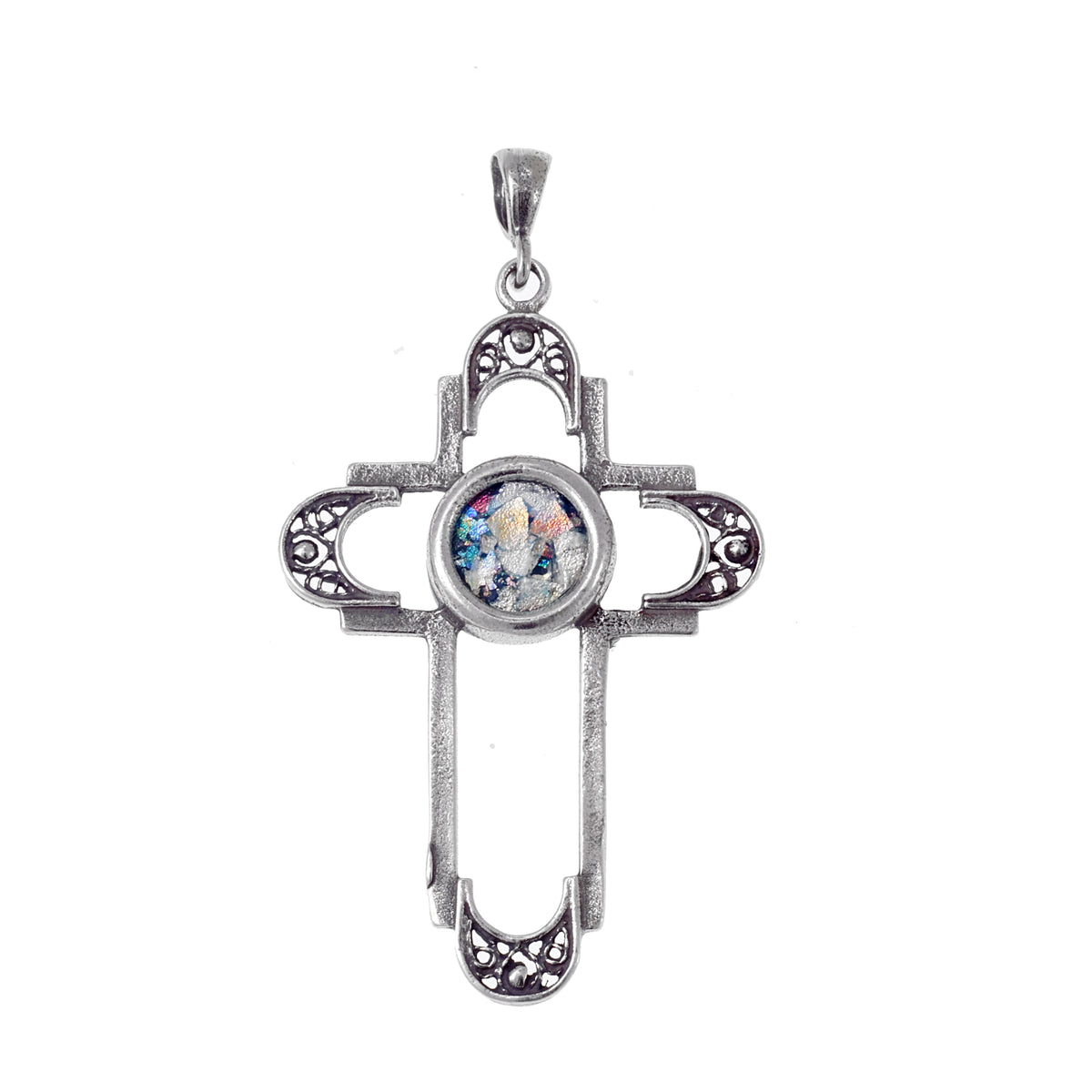 Filigree Cross, Ancient Roman Glass Pendant, 925 Sterling Silver Pendant, Romna Glass Cross, Unique Jewelry image 0
