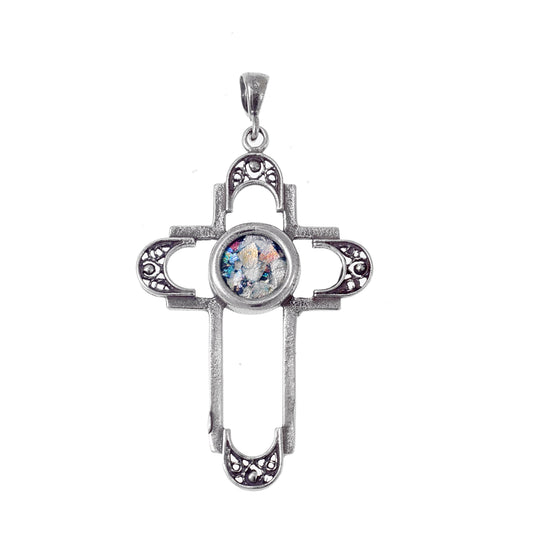 Filigree Cross, Ancient Roman Glass Pendant, 925 Sterling Silver Pendant, Romna Glass Cross, Unique Jewelry image 0
