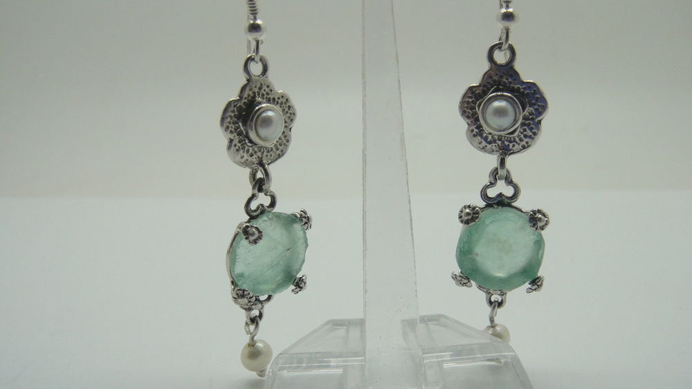 Delicate Dangle Earrings, 925 Sterling Silver Earrings, Ancient Roman Glass Earrings, Pearl Earrings, Unique Jewelry image 1