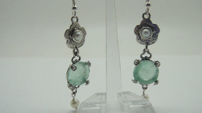 Delicate Dangle Earrings, 925 Sterling Silver Earrings, Ancient Roman Glass Earrings, Pearl Earrings, Unique Jewelry image 1