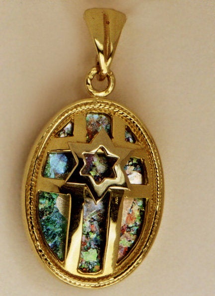 Unique 14K Yellow Gold Cross&amp;star of david , Ancient Roman Glass Pendant, image 0
