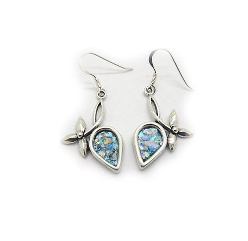 Flower Earrings, Dangle Earrings, 925 Sterling Silver Earrings, Ancient Roman Glass Earrings, Unique Jewelry image 0