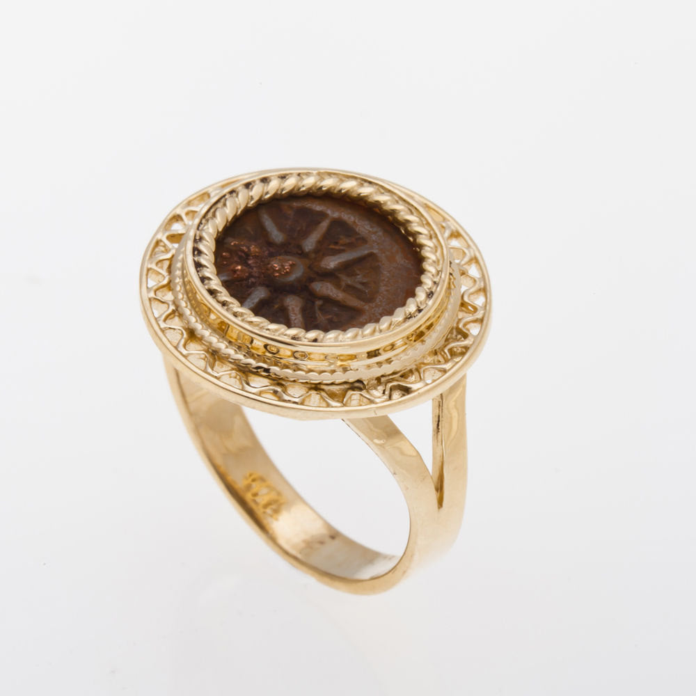 Ring Yellow 14K Gold Antique Rare Bronze Widows Mite Coin Ring Unique image 0