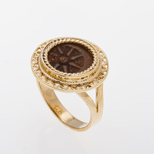 Ring Yellow 14K Gold Antique Rare Bronze Widows Mite Coin Ring Unique image 0