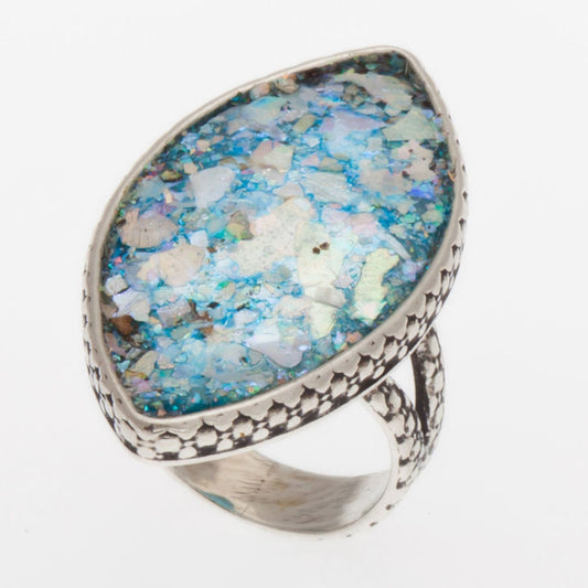 Roman Glass Ring, Marquise 925 Sterling Silver Ring, Unique Jewelry image 0