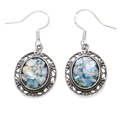 Ancient Roman Glass 925 Sterling Silver Dangle Earrings Unique Design image 0
