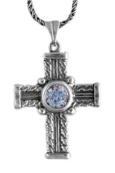 Filigree Ancient Roman Glass Pendant, 925 Sterling Silver Pendant, Cross Pendant, Roman Glass Cross, OOAK image 0