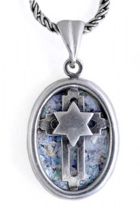 Unusual 925 Sterling Silver Pendant, Roman Glass Pendant, Cross Star Pendant, Unique Jewelry, Roman Glass Jewelry image 0