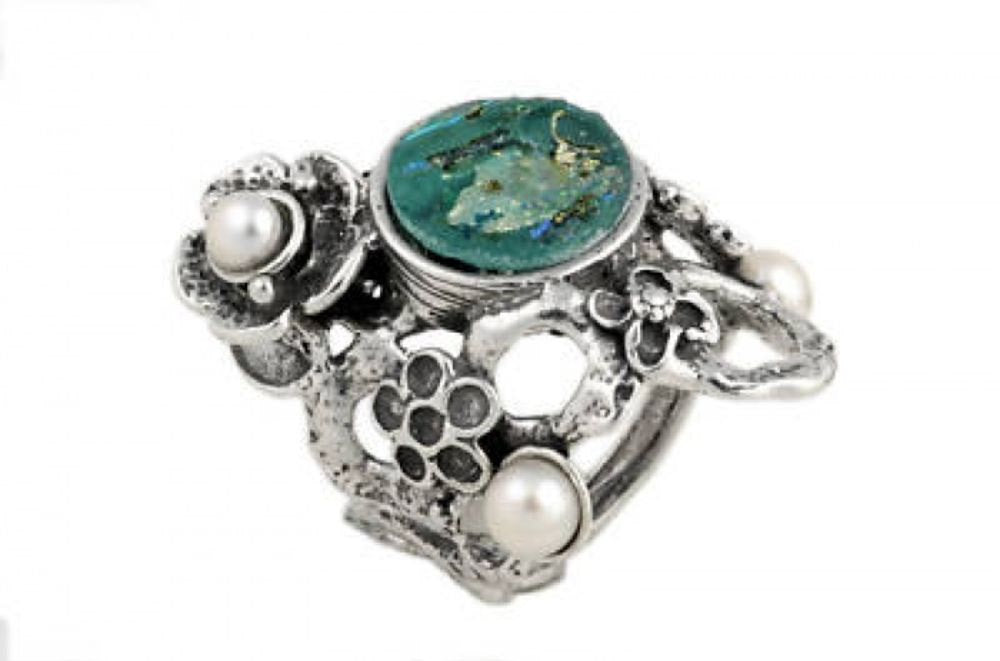 Special Flower Ring, 925 Sterling Silver Ring, Ancient Roman Glass Ring, Pearl Ring, Roman Glass Jewelry image 0
