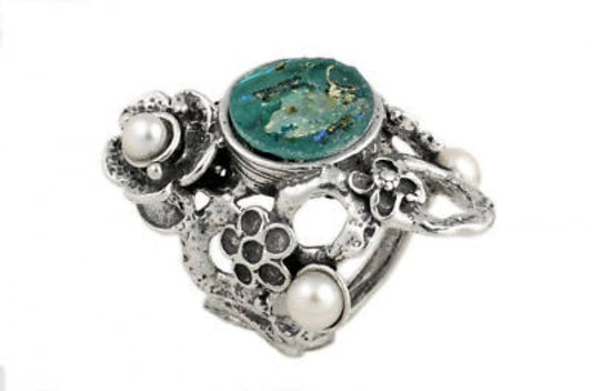 Special Flower Ring, 925 Sterling Silver Ring, Ancient Roman Glass Ring, Pearl Ring, Roman Glass Jewelry image 0