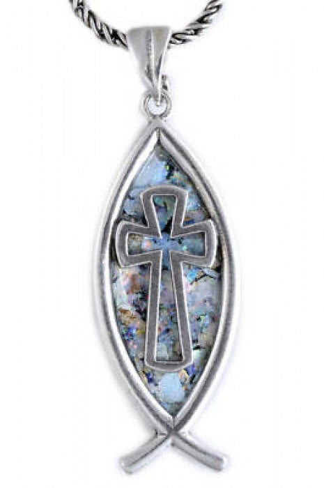 Beautiful 925 Sterling Silver Pendant, Ancient Roman Glass Pendant, Fish Pendant, Sterling Silver Cross, Roman Glass Jewelry image 0
