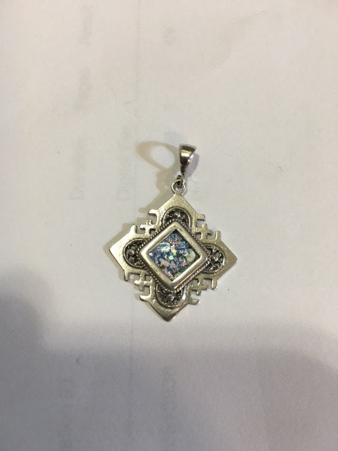 Unusual 925 Sterling Silver Pendant, Ancient Roman Glass Pendant, Jerusalem Cross, Roman Glass Jewelry, OOAK image 0