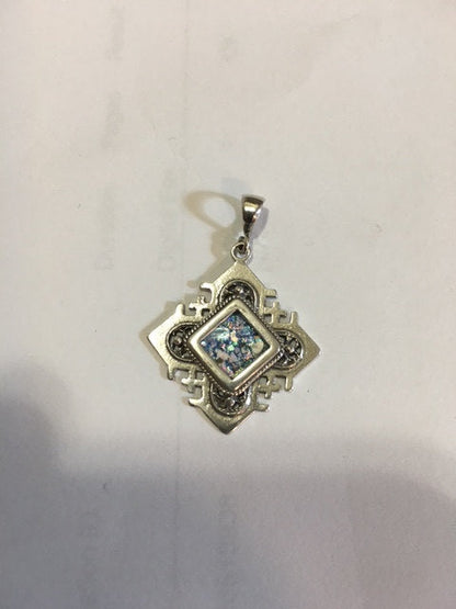Unusual 925 Sterling Silver Pendant, Ancient Roman Glass Pendant, Jerusalem Cross, Roman Glass Jewelry, OOAK image 0