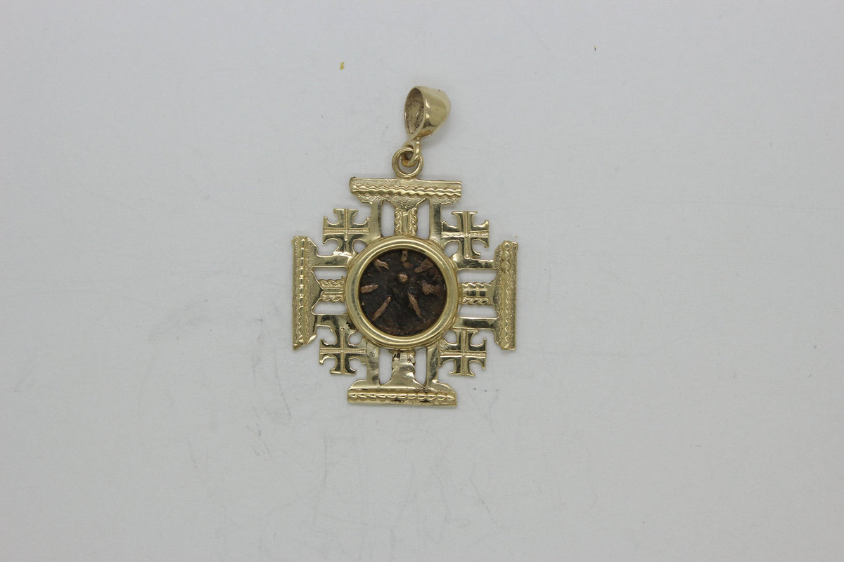 Coin Pendant,Jerusalem cross with Antique Authentic Bronze Widow's Mite Coin, 14k Yellow Gold Pendant, Ancient Coin Jewelry image 0