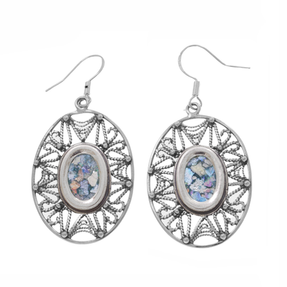 Filigree Dangle Earrings, 925 Sterling Silver Earrings, Ancient Roman Glass Earrings, Unique Jewelry image 0