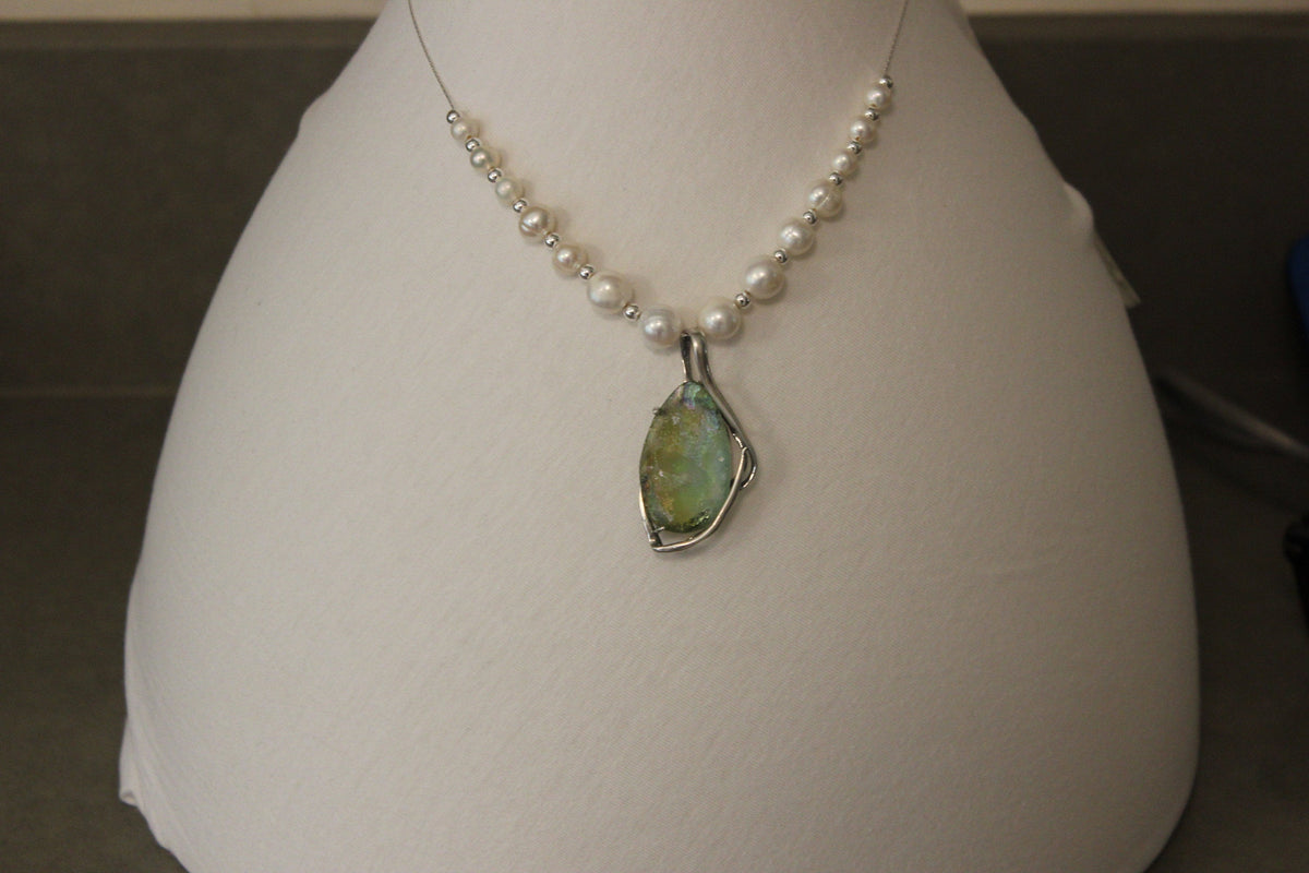 Necklace - 925 Sterling Silver Ancient Roman glass with pearls Original Gift image 1