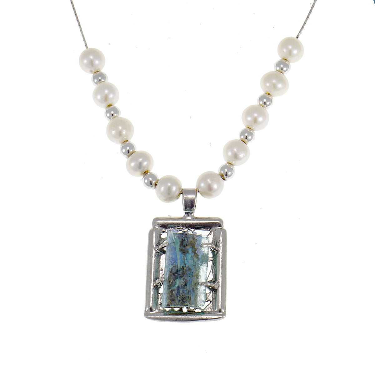 Ancient Roman glass with pearls Original Gift Necklace - 925 Sterling Silver image 0