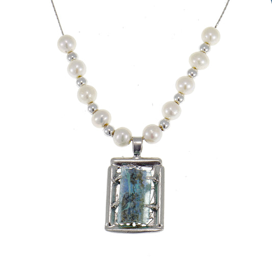 Ancient Roman glass with pearls Original Gift Necklace - 925 Sterling Silver image 0