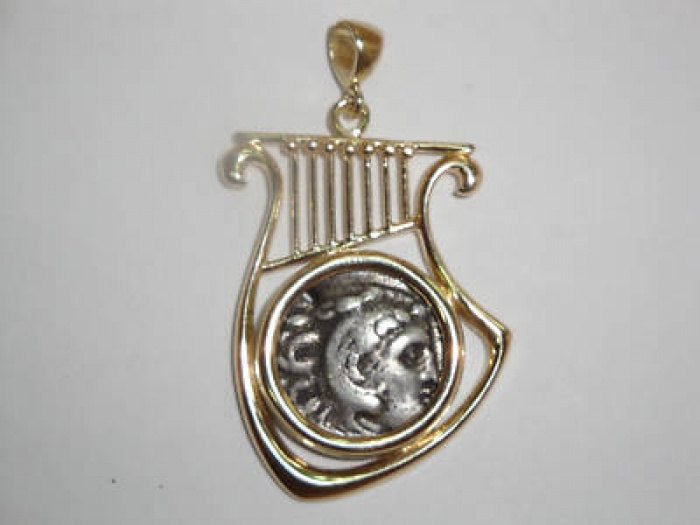 14K Yellow Gold Pendant, Antique Silver Drachma Coin, Harp Pendant, Ancient Coin Pendant, Authentic Ancient Coin Jewelry image 0