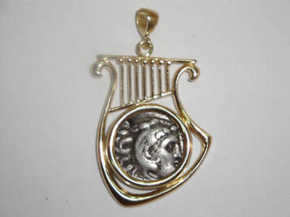 14K Yellow Gold Pendant, Antique Silver Drachma Coin, Harp Pendant, Ancient Coin Pendant, Authentic Ancient Coin Jewelry image 0