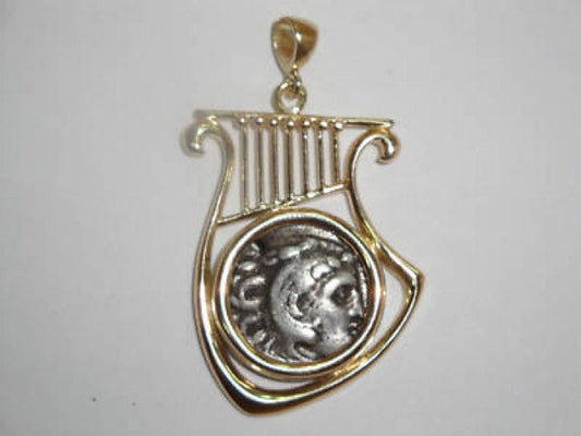 14K Yellow Gold Pendant, Antique Silver Drachma Coin, Harp Pendant, Ancient Coin Pendant, Authentic Ancient Coin Jewelry image 0