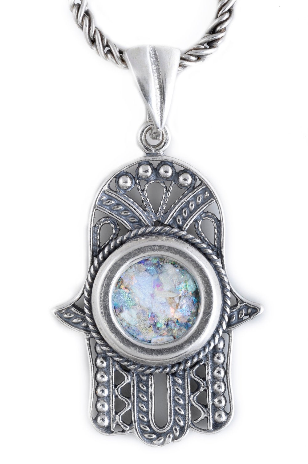 Nice 925 Sterling Silver Pendant, Ancient Roman Glass Pendant, Hamsa Pendant, Judaica, Unique Jewelry image 0