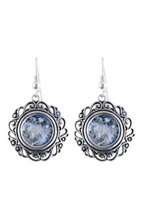 Filigree Flower Earrings, 925 Sterling Silver Earrings, Ancient Roman Glass Earrings, Unique Jewelry image 0