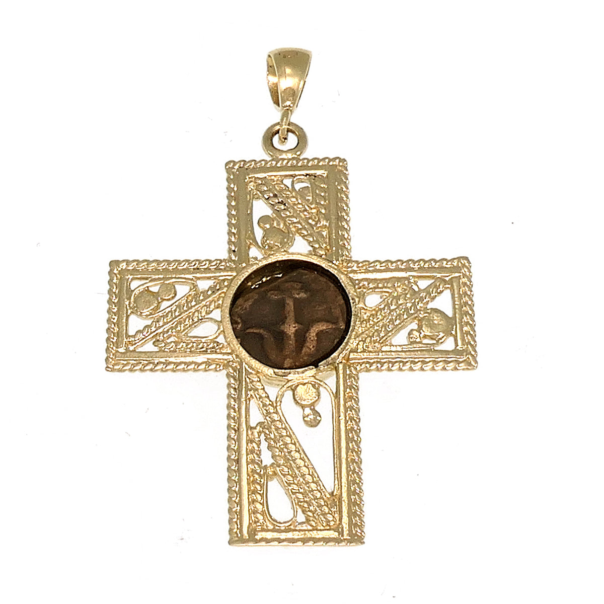 Cross 14K Yellow Gold and Antique Authentic Rare Bronze Widow\'s Mite Coins image 1